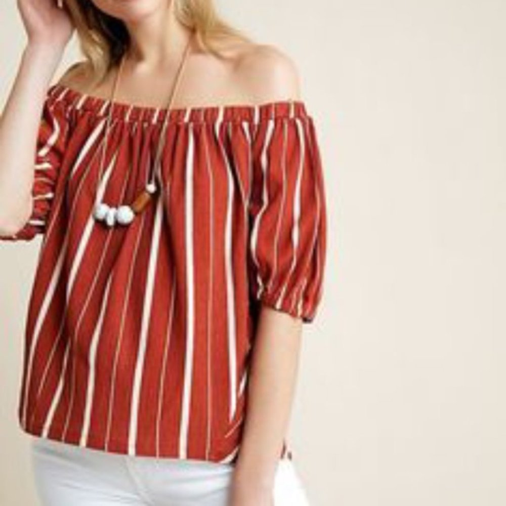 Anthropologie Elodie Striped Puff Sleeve Off Shoulder Top Blouse, XS